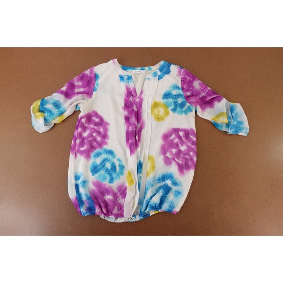 Calvin Klein Collection Tops - Calvin Klein Womens Small Colorful Tie Dye Chiffon Pleated 3/4 Sleeve V Neck Top